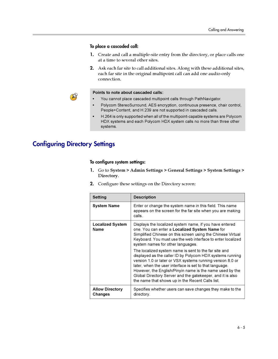 Polycom 1 manual Configuring Directory Settings, Configure these settings on the Directory screen 