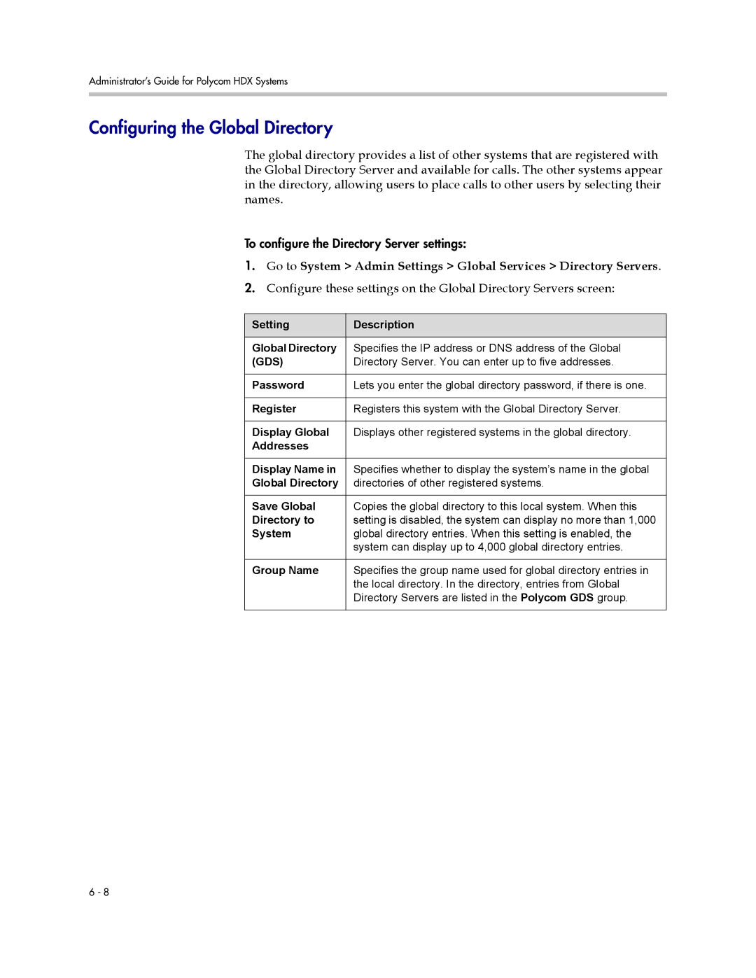 Polycom 1 manual Configuring the Global Directory, Directory Server. You can enter up to five addresses 