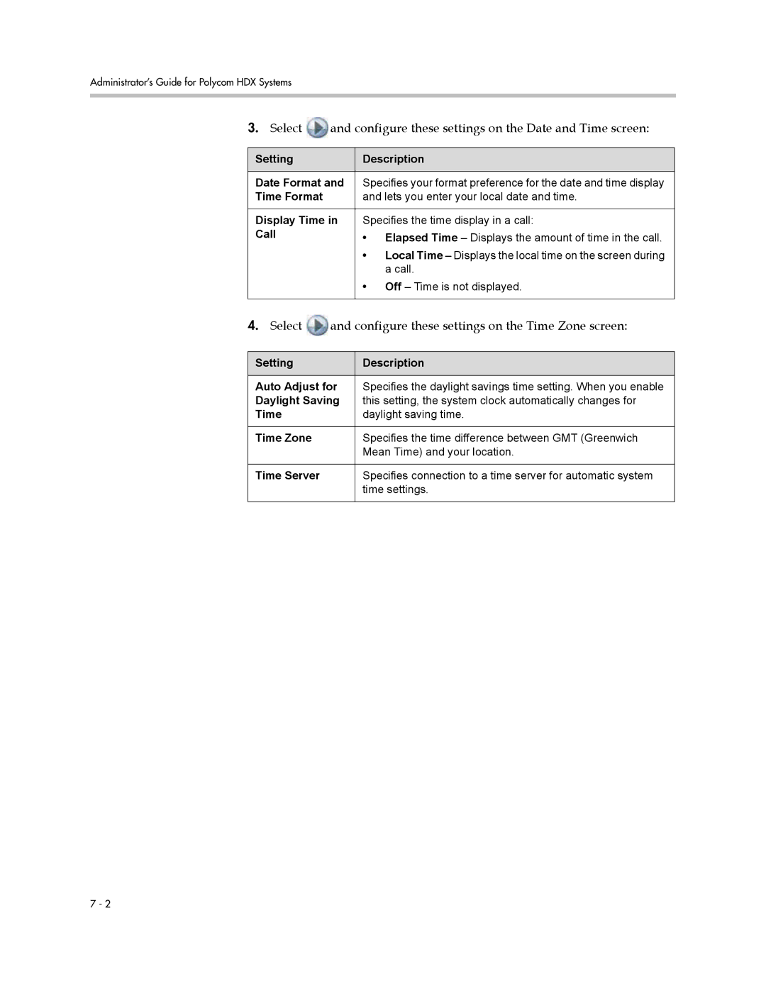 Polycom 1 manual Select and configure these settings on the Time Zone screen, Setting Description Date Format 