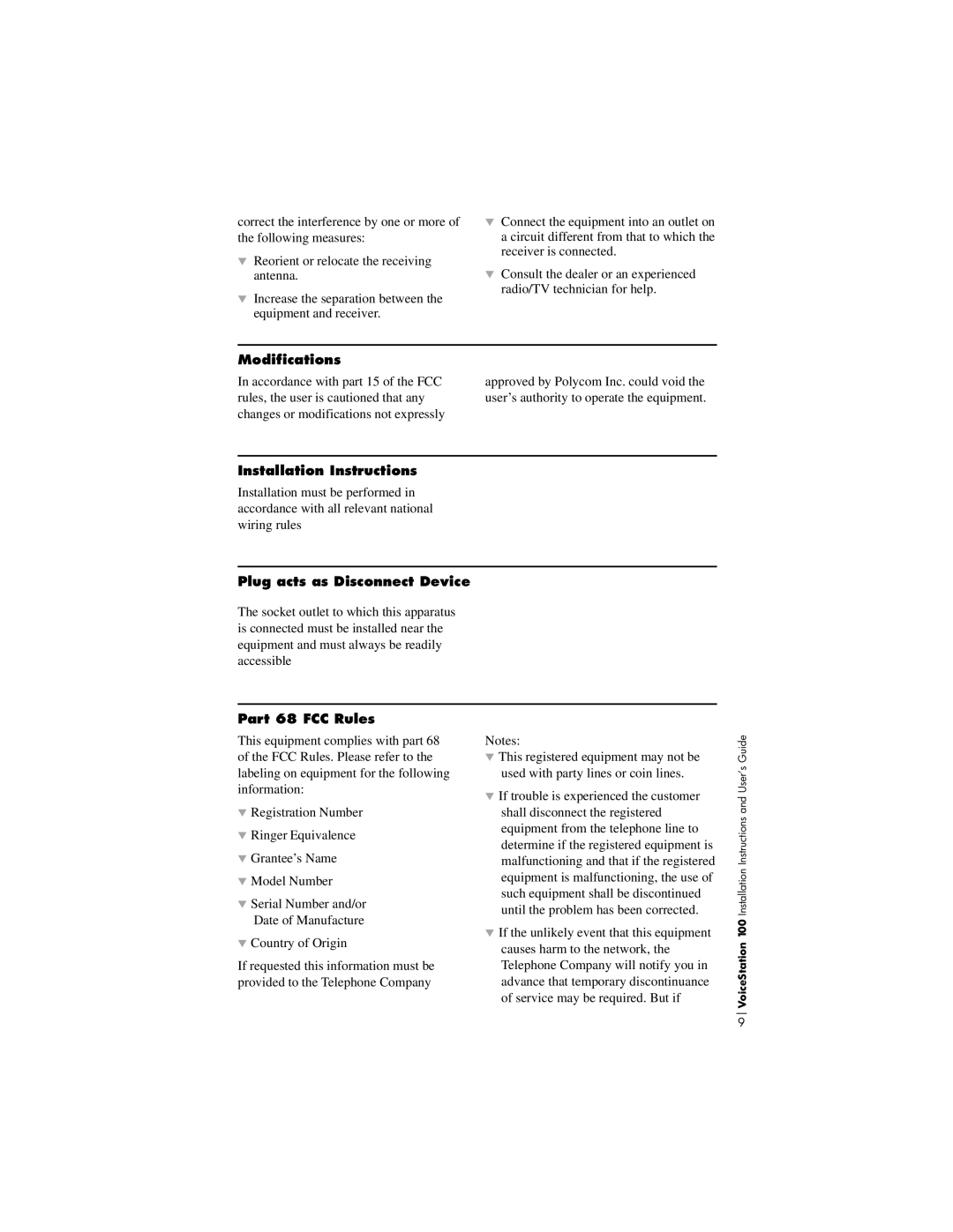 Polycom 100 Modifications, Installation Instructions, Plug acts as Disconnect Device, Part 68 FCC Rules 