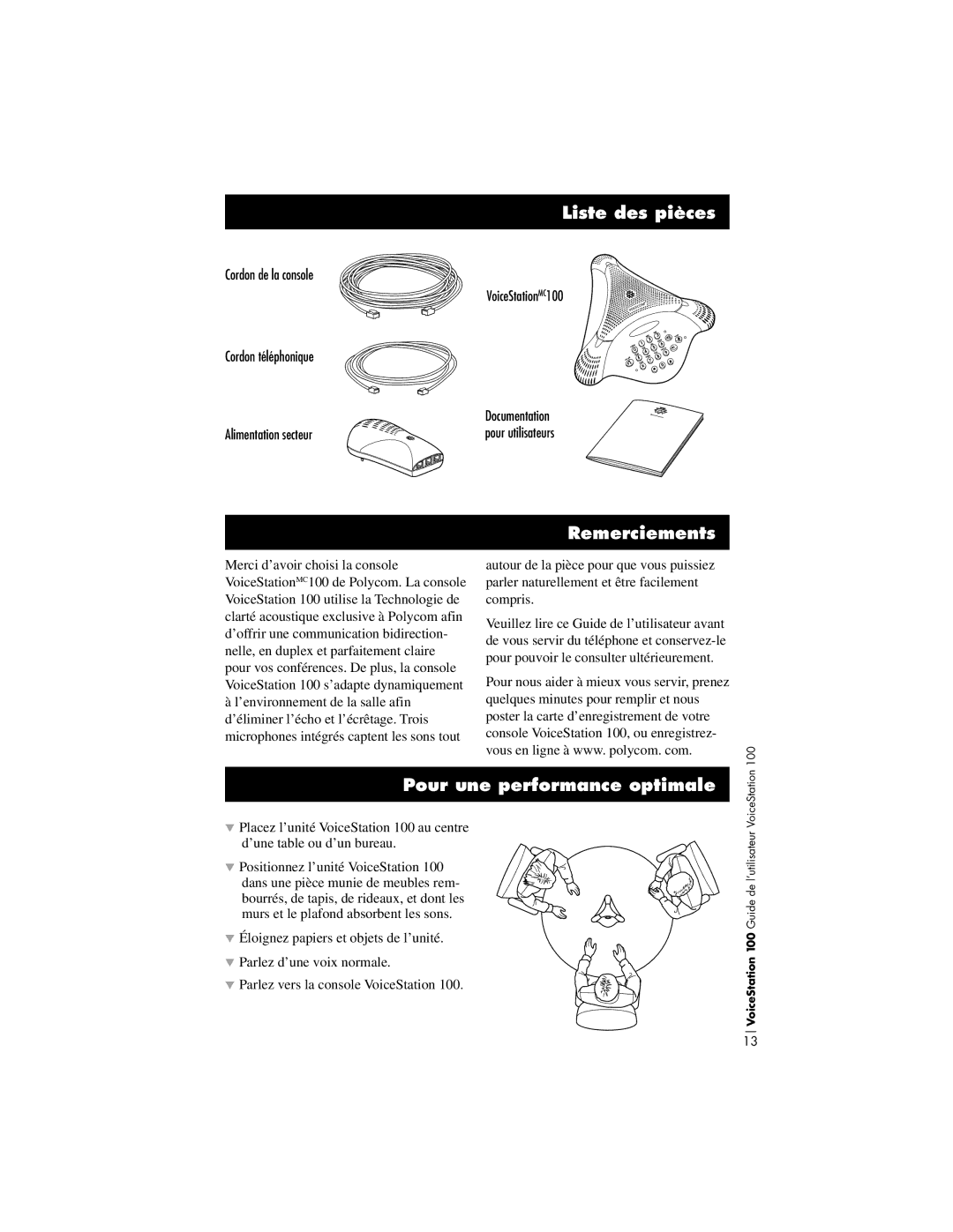 Polycom 100 installation instructions Liste des pièces, Remerciements, Pour une performance optimale 