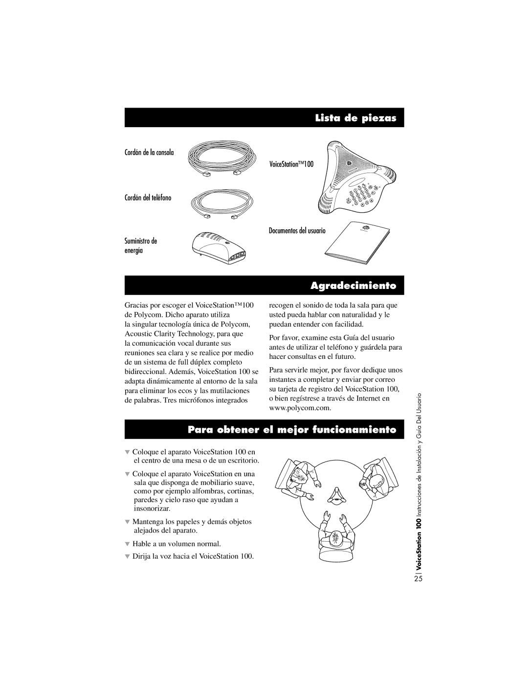 Polycom 100 installation instructions Lista de piezas, Agradecimiento, Para obtener el mejor funcionamiento 