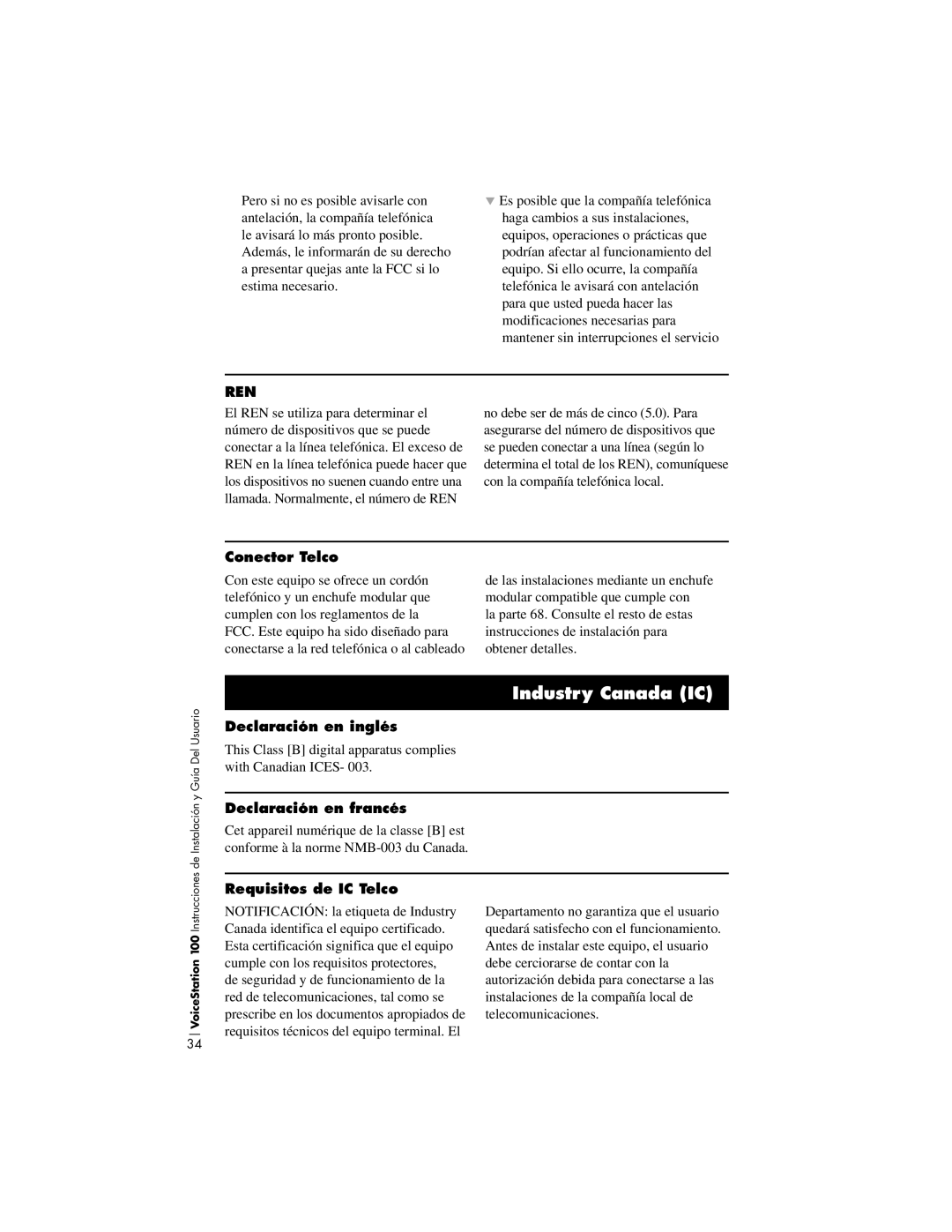 Polycom 100 Industry Canada IC, Conector Telco, Declaración en inglés, Declaración en francés, Requisitos de IC Telco 