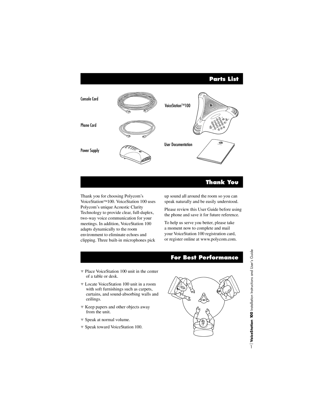 Polycom 100 installation instructions Parts List, Thank You, For Best Performance 