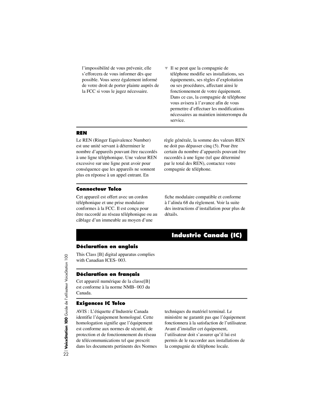 Polycom 100 Industrie Canada IC, Connecteur Telco, Déclaration en anglais, Déclaration en français, Exigences IC Telco 
