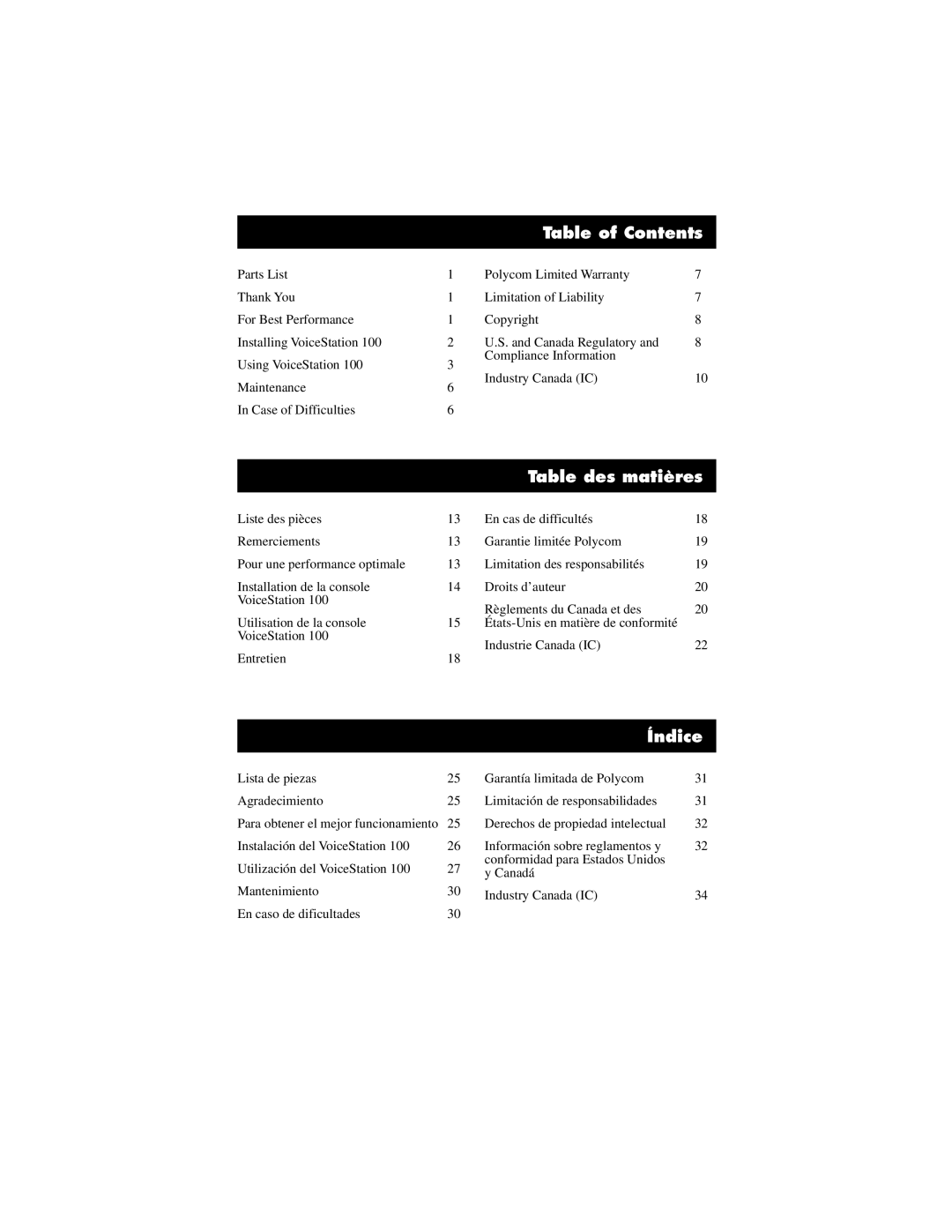 Polycom 100 installation instructions Table of Contents, Table des matières, Índice 