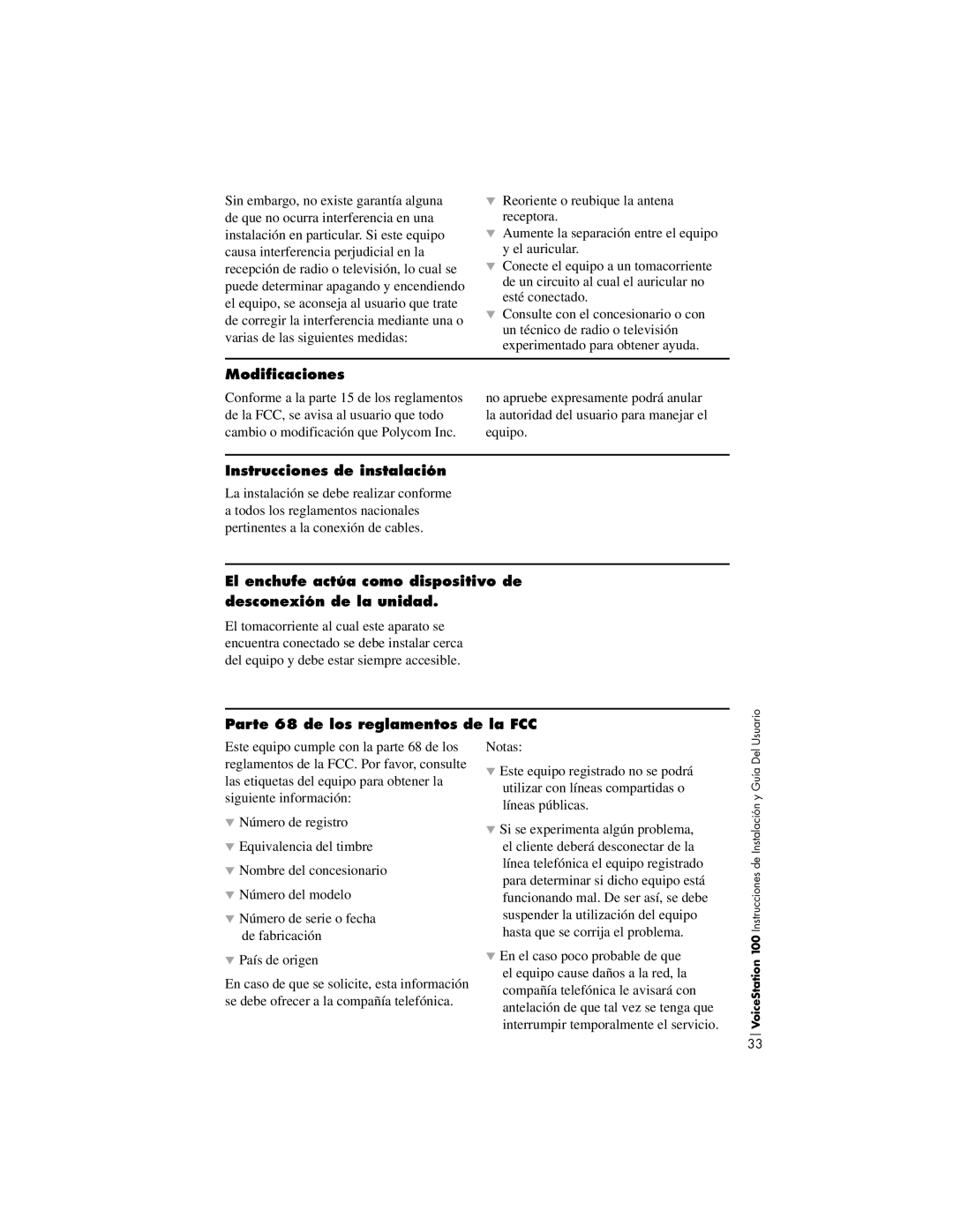 Polycom 100 installation instructions Modificaciones, Instrucciones de instalación, Parte 68 de los reglamentos de la FCC 