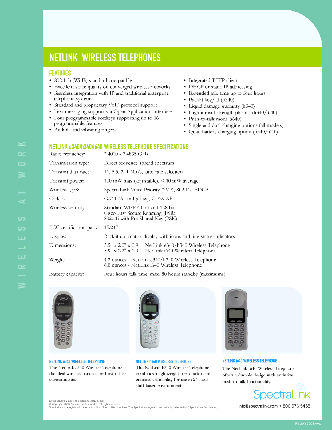 Polycom 103-2005-001 manual Netlink Wireless Telephones, Features, Netlink e340/h340/i640 Wireless Telephone Specifications 