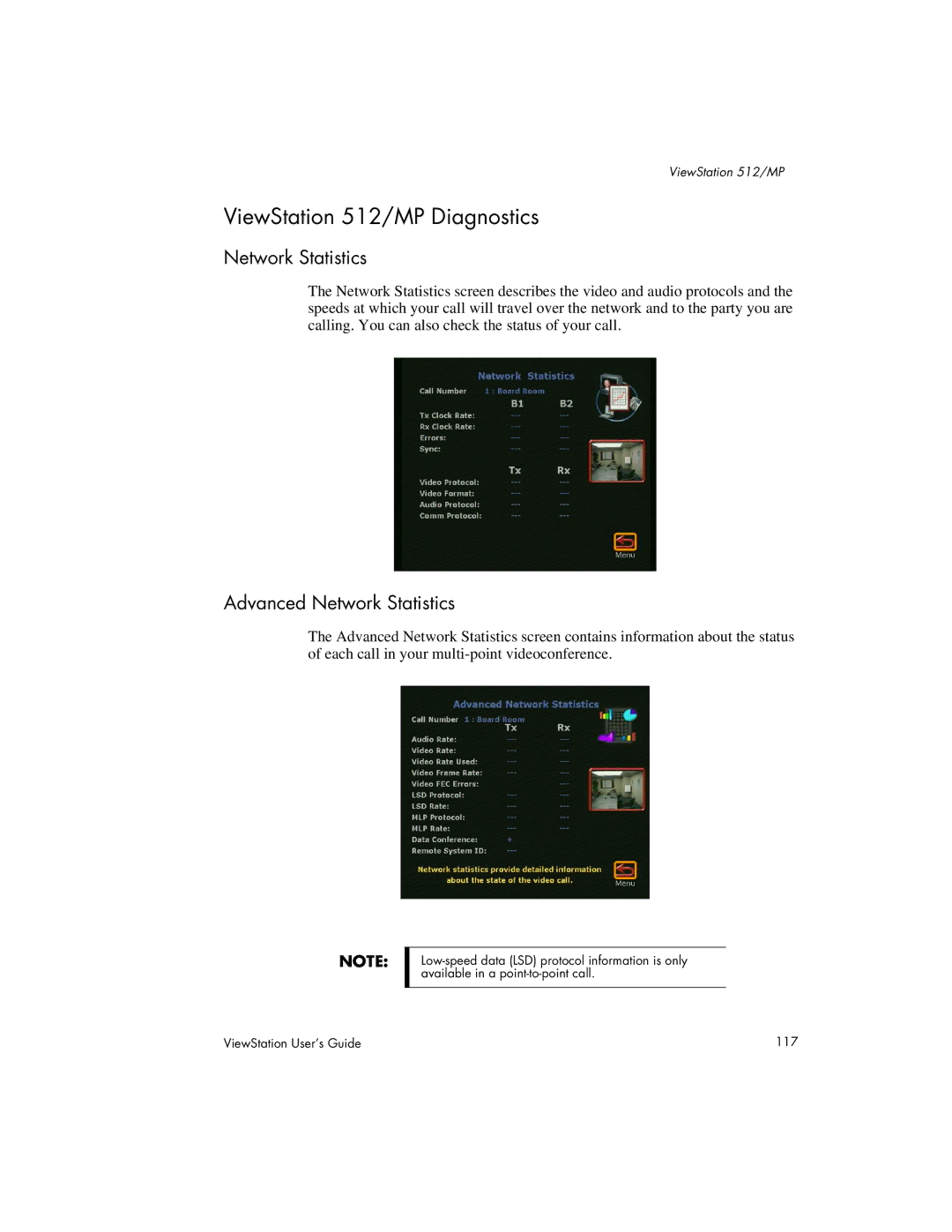 Polycom 128 manual ViewStation 512/MP Diagnostics, Network Statistics 