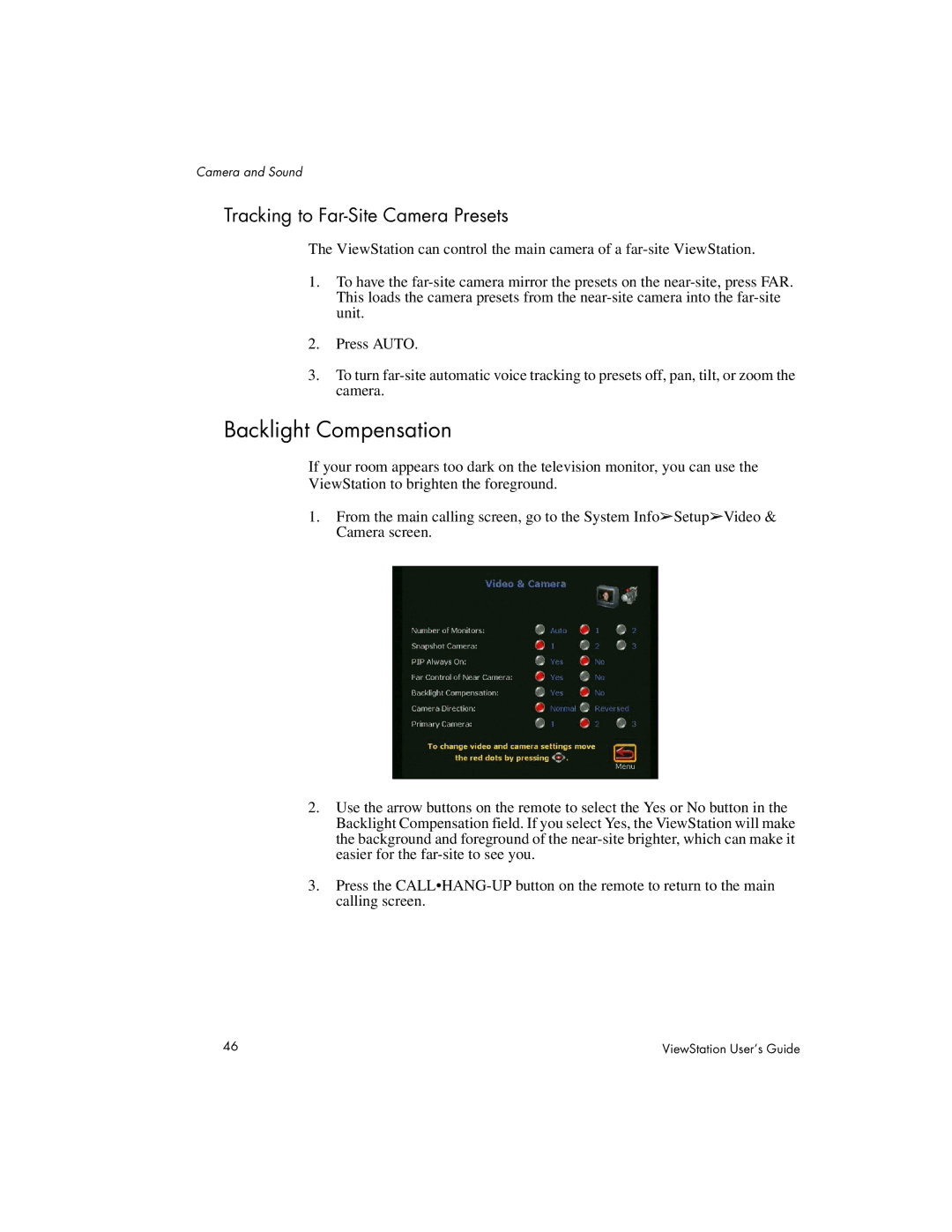 Polycom 512, 128, MP manual Backlight Compensation, Tracking to Far-Site Camera Presets 