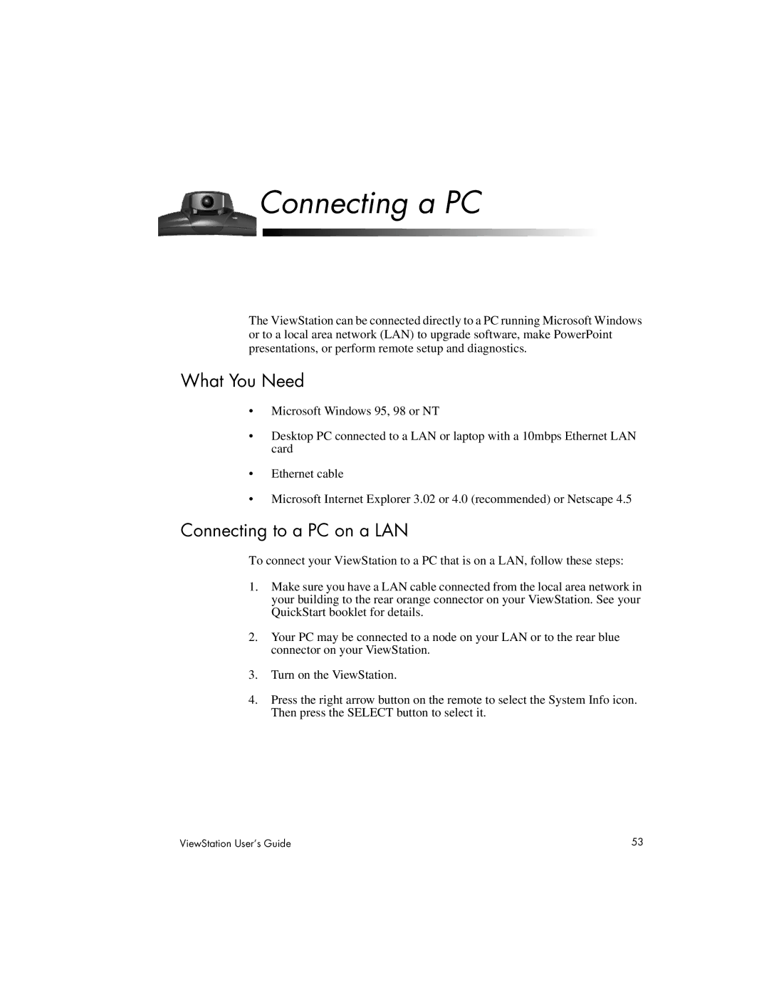 Polycom MP, 128, 512 manual Connecting a PC, What You Need, Connecting to a PC on a LAN 