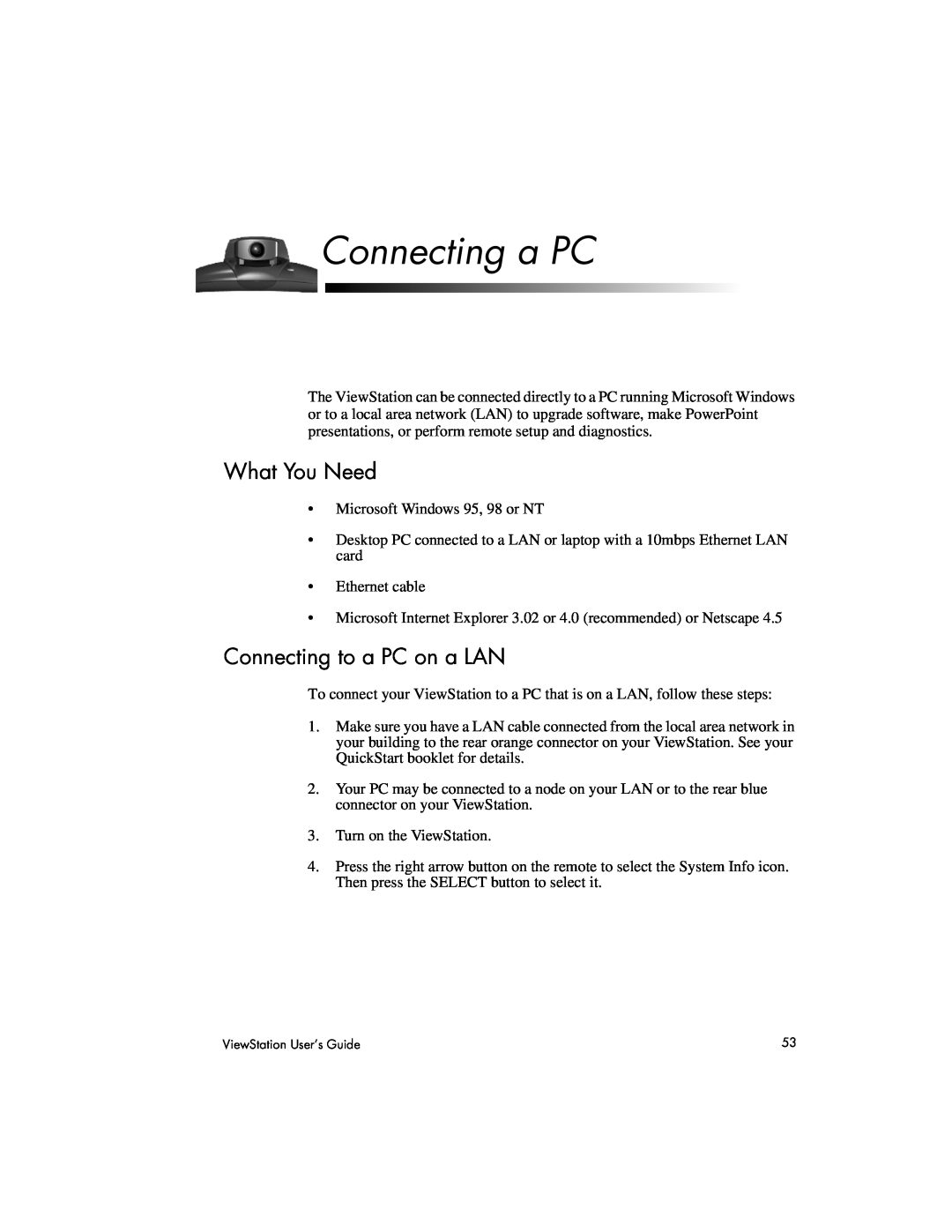 Polycom MP, 128, 512 manual Connecting a PC, What You Need, Connecting to a PC on a LAN 