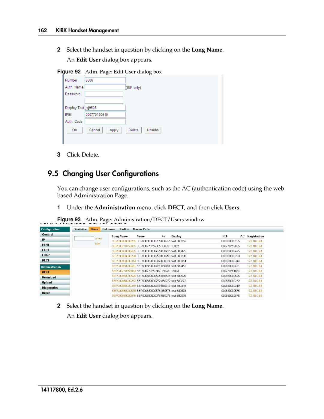 Polycom 14117800 manual Changing User Configurations, Click Delete 