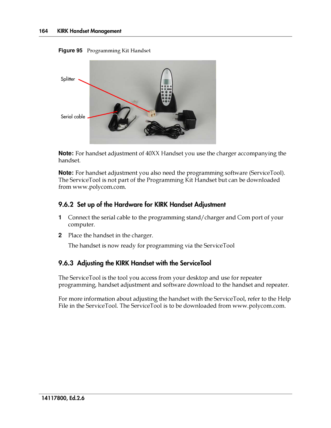 Polycom 14117800 manual Set up of the Hardware for Kirk Handset Adjustment, Adjusting the Kirk Handset with the ServiceTool 