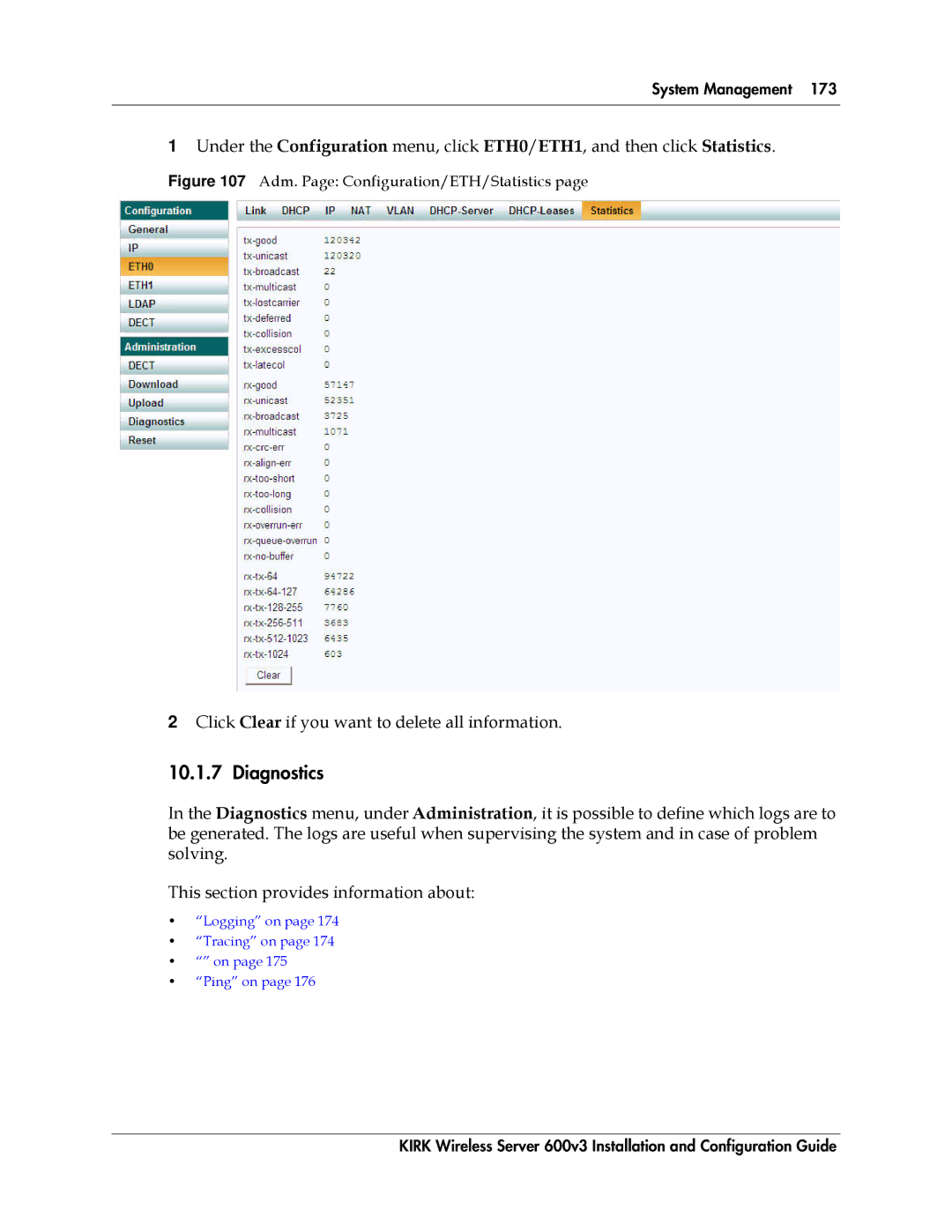 Polycom 14117800 manual Diagnostics, Click Clear if you want to delete all information 