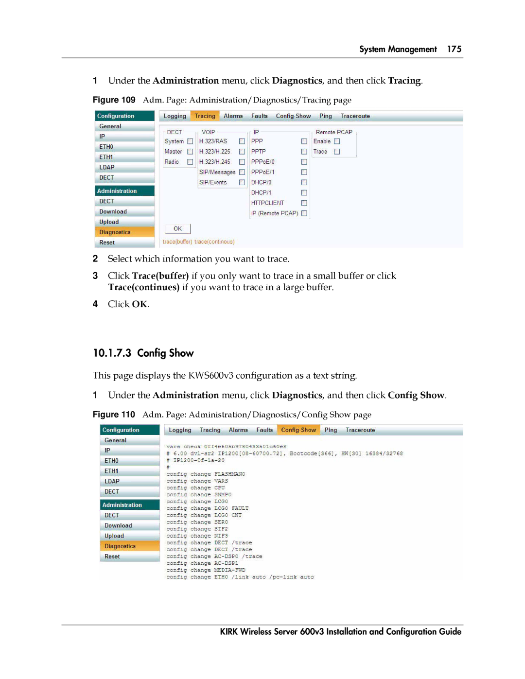 Polycom 14117800 manual Config Show, Adm. Page Administration/Diagnostics/Tracing 