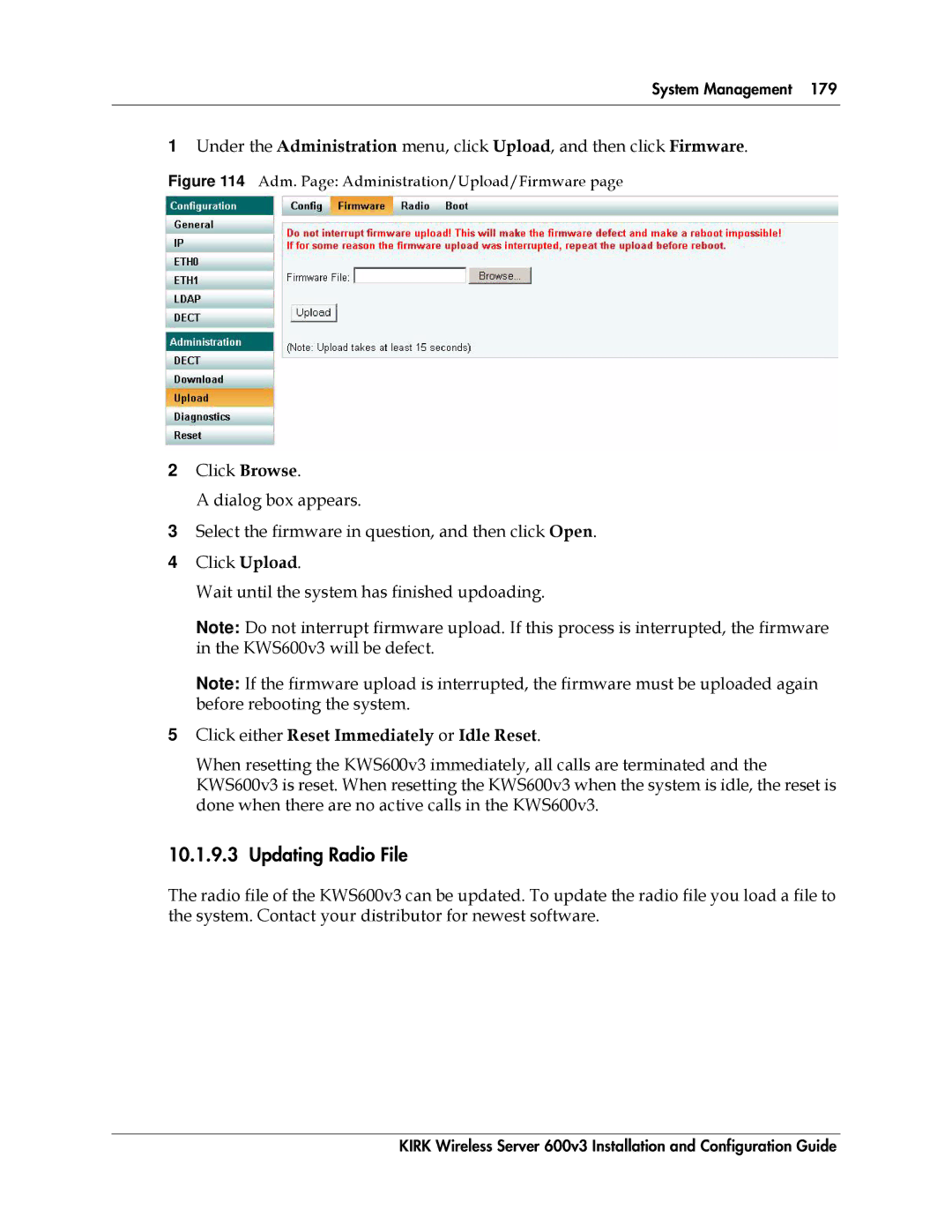 Polycom 14117800 manual Updating Radio File, Adm. Page Administration/Upload/Firmware 