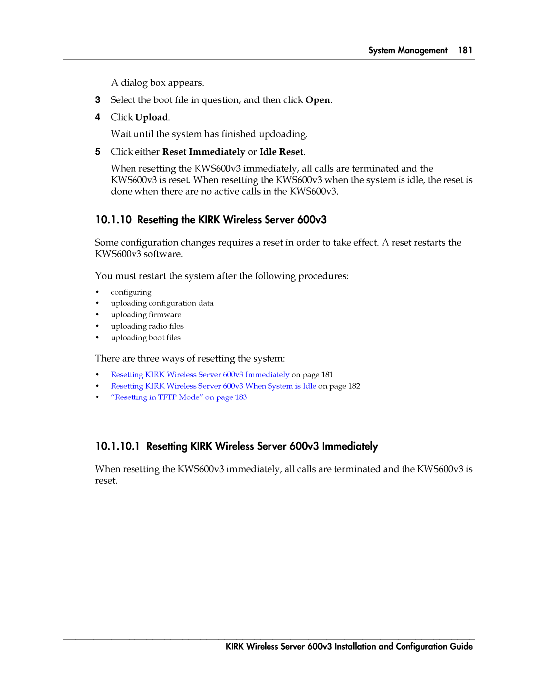 Polycom 14117800 manual Resetting the Kirk Wireless Server, Resetting Kirk Wireless Server 600v3 Immediately 