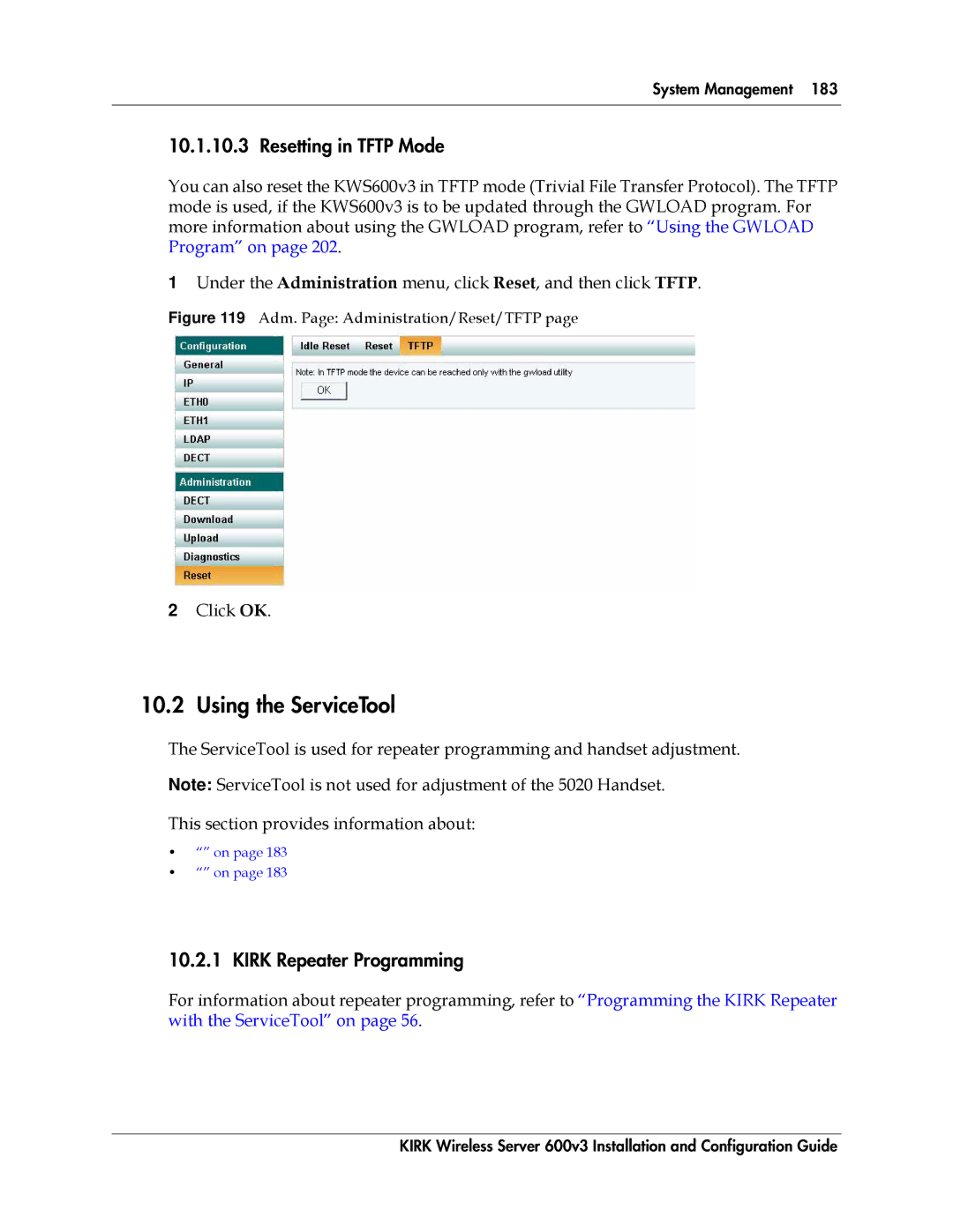 Polycom 14117800 manual Using the ServiceTool, Resetting in Tftp Mode, Kirk Repeater Programming 