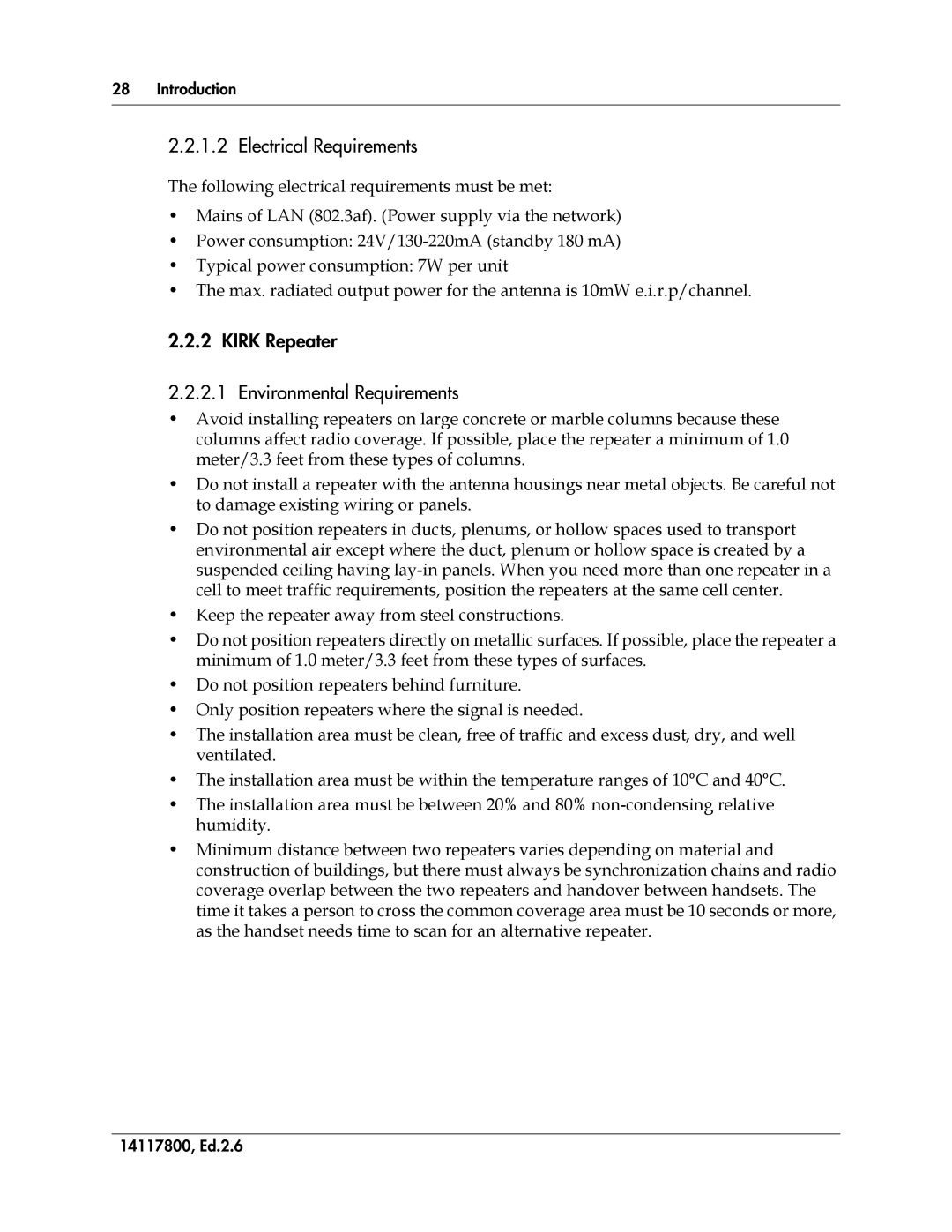 Polycom 14117800 manual Electrical Requirements, Kirk Repeater Environmental Requirements 