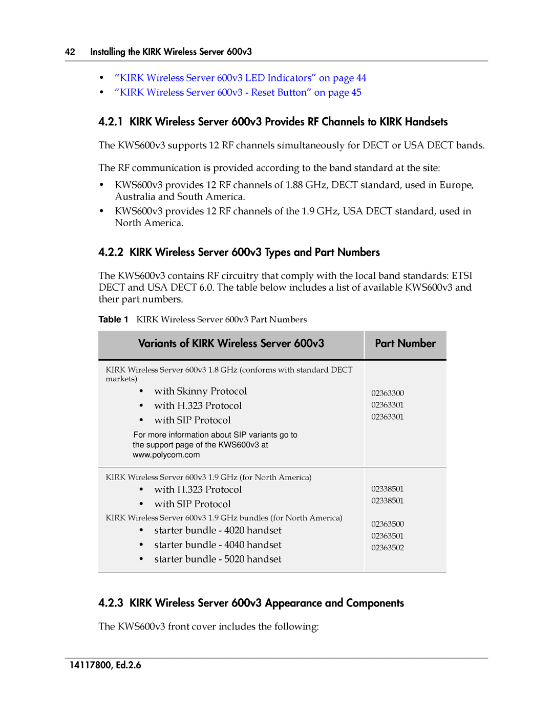 Polycom 14117800 manual Kirk Wireless Server 600v3 Types and Part Numbers, Variants of Kirk Wireless Server Part Number 