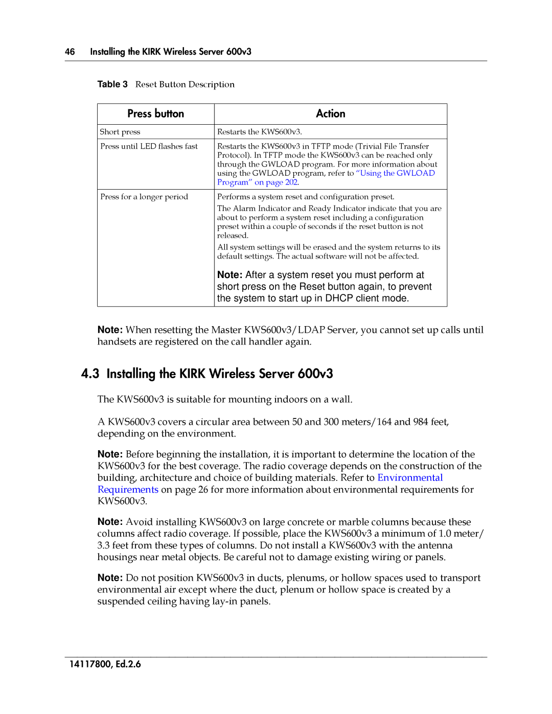 Polycom 14117800 manual Installing the Kirk Wireless Server, Press button Action 