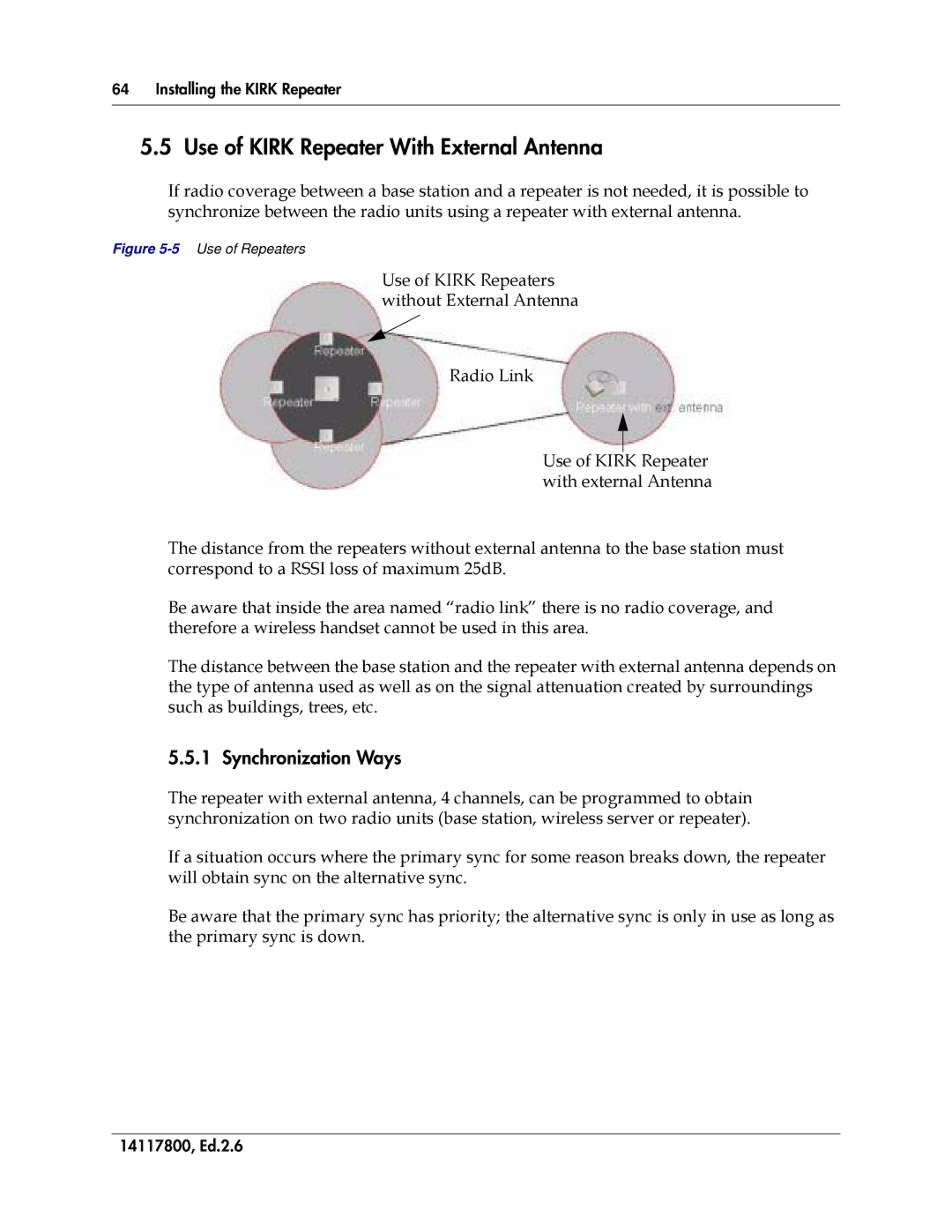 Polycom 14117800 manual Use of Kirk Repeater With External Antenna, Synchronization Ways, Radio Link 