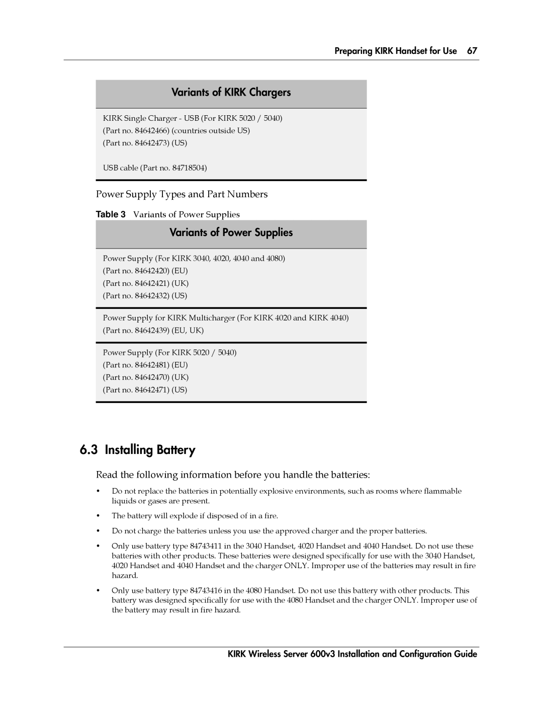 Polycom 14117800 manual Installing Battery, Variants of Power Supplies, Power Supply Types and Part Numbers 