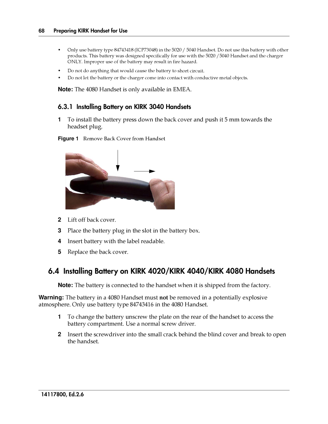 Polycom 14117800 Installing Battery on Kirk 4020/KIRK 4040/KIRK 4080 Handsets, Installing Battery on Kirk 3040 Handsets 