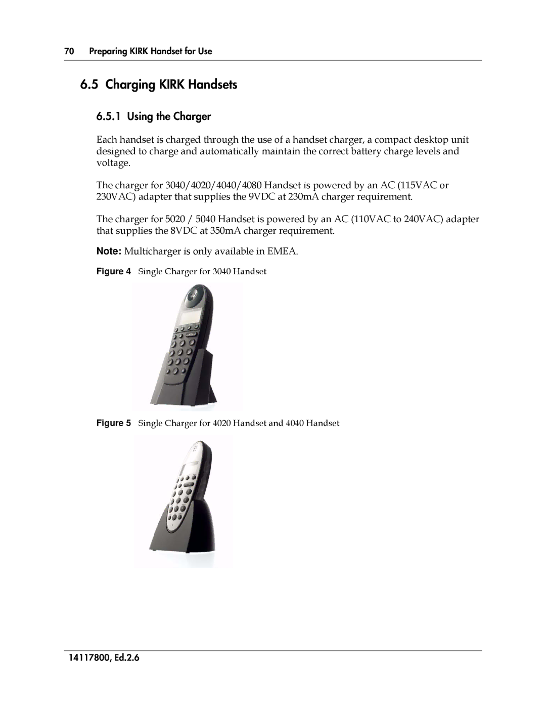 Polycom 14117800 manual Charging Kirk Handsets, Using the Charger 