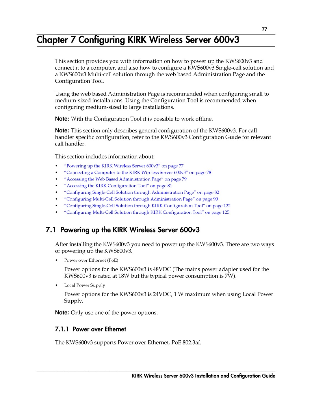 Polycom 14117800 manual Configuring Kirk Wireless Server, Powering up the Kirk Wireless Server, Power over Ethernet 