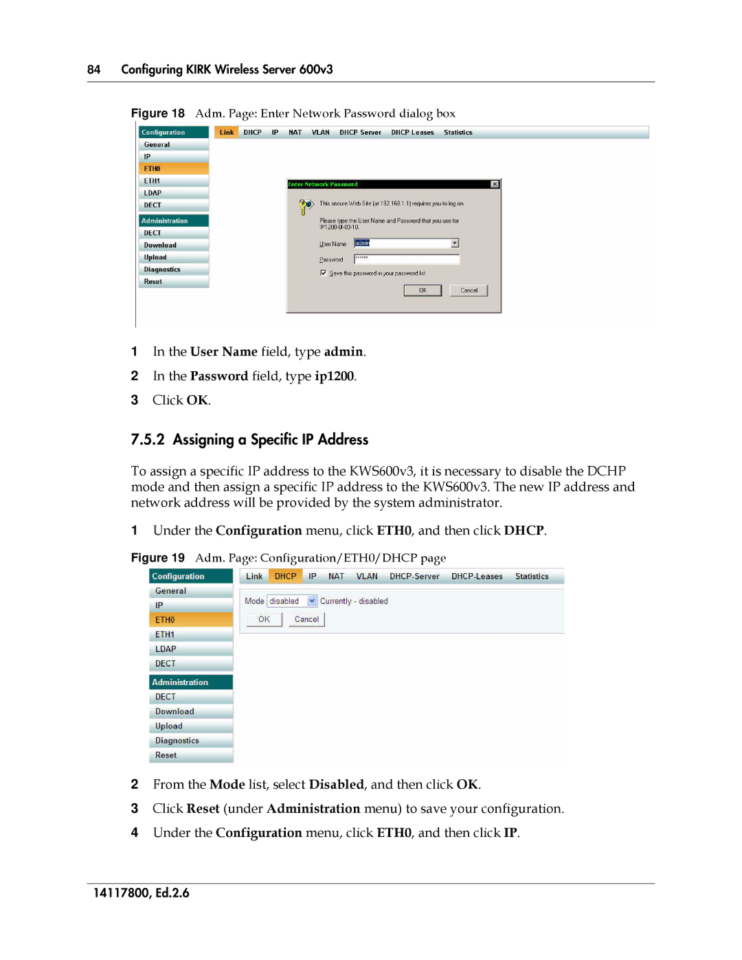 Polycom 14117800 manual Assigning a Specific IP Address, Adm. Page Enter Network Password dialog box 