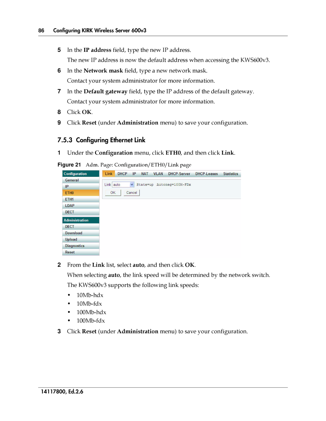 Polycom 14117800 manual Configuring Ethernet Link, Adm. Page Configuration/ETH0/Link 