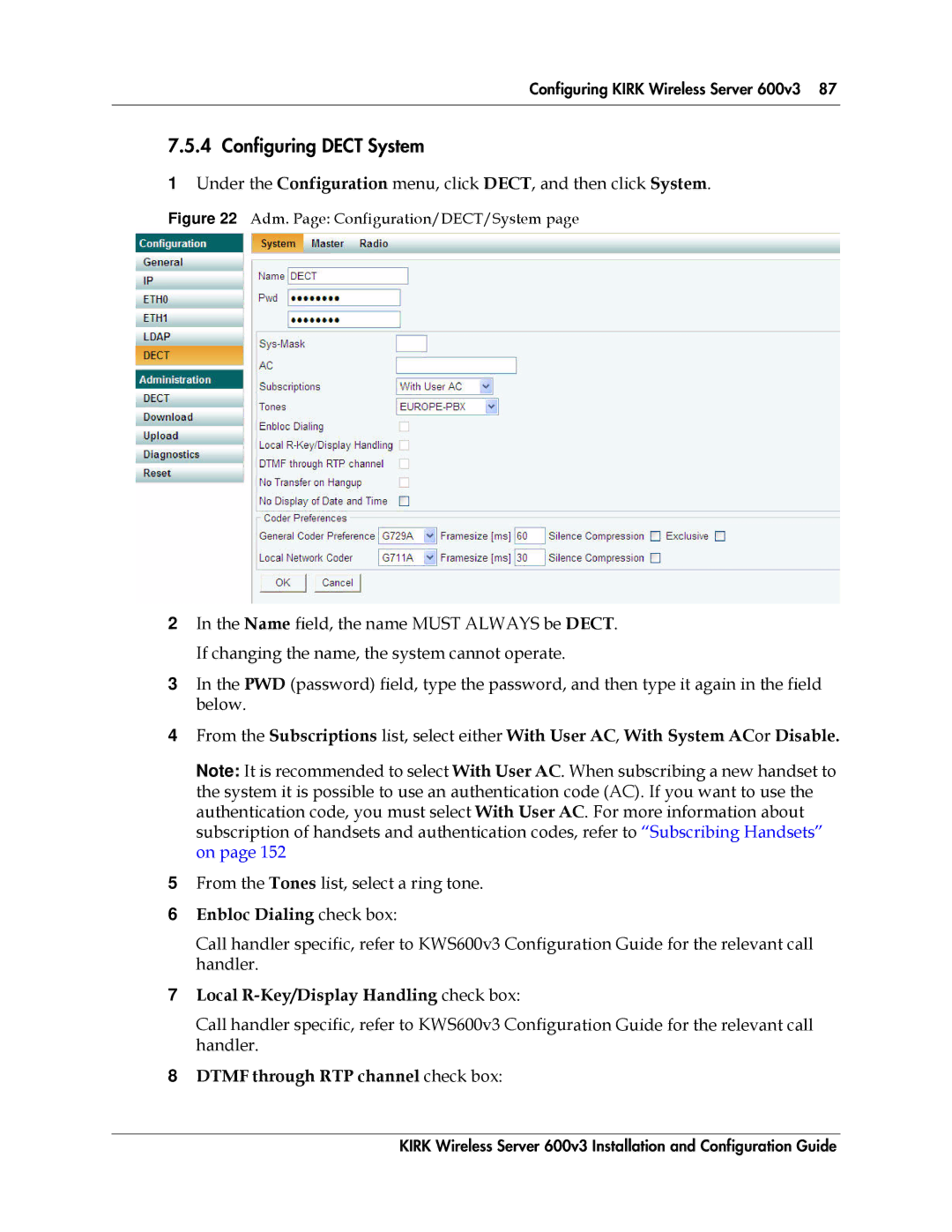 Polycom 14117800 manual Configuring Dect System, From the Tones list, select a ring tone, Enbloc Dialing check box 