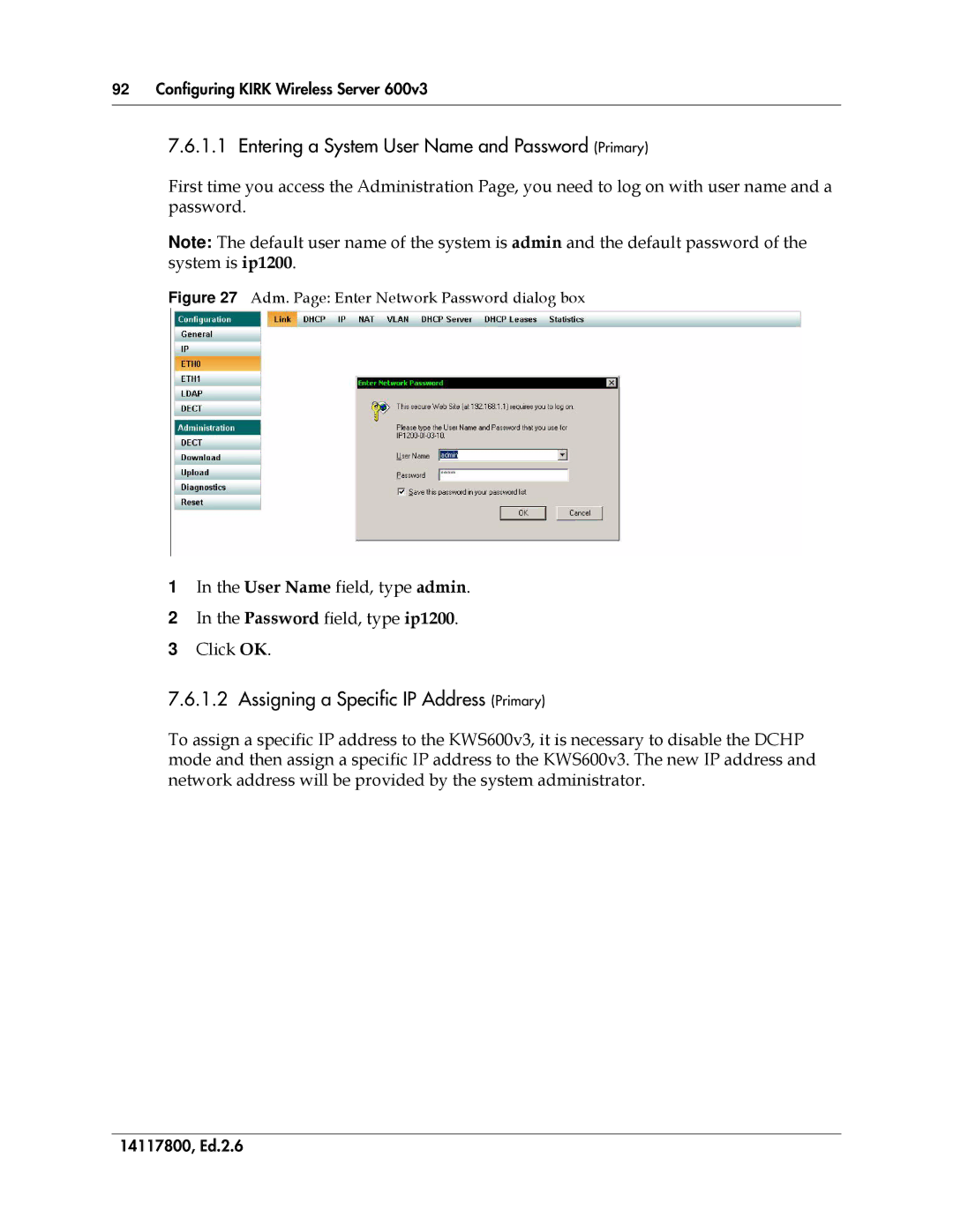 Polycom 14117800 manual Entering a System User Name and Password Primary, Assigning a Specific IP Address Primary 