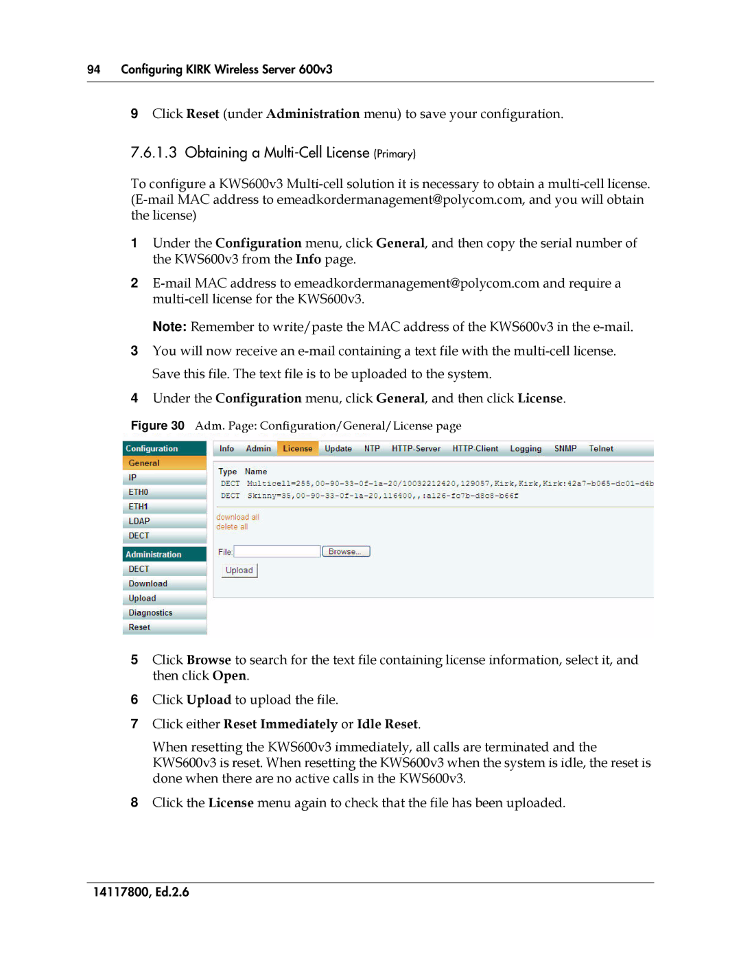 Polycom 14117800 manual Obtaining a Multi-Cell License Primary, Click either Reset Immediately or Idle Reset 