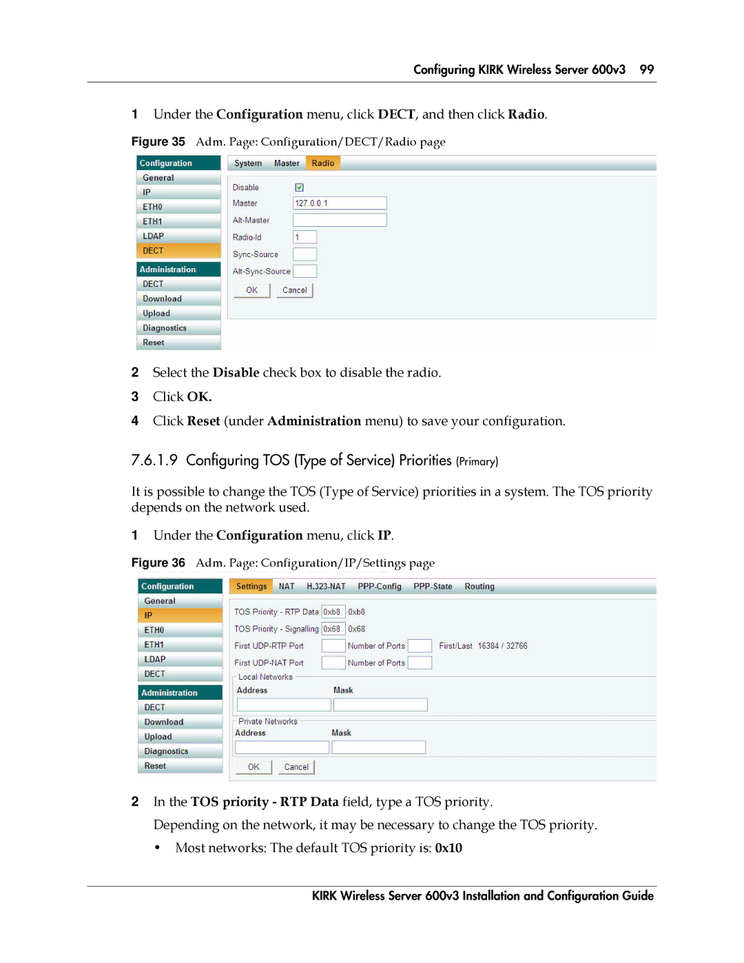 Polycom 14117800 manual Configuring TOS Type of Service Priorities Primary, Adm. Page Configuration/DECT/Radio 