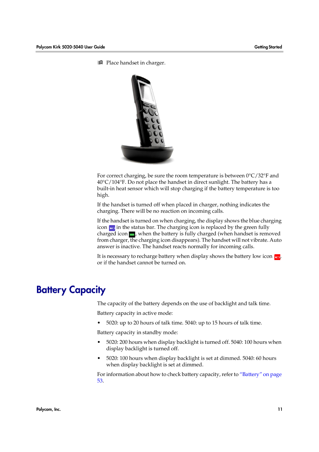 Polycom 14158600-HD manual Battery Capacity 