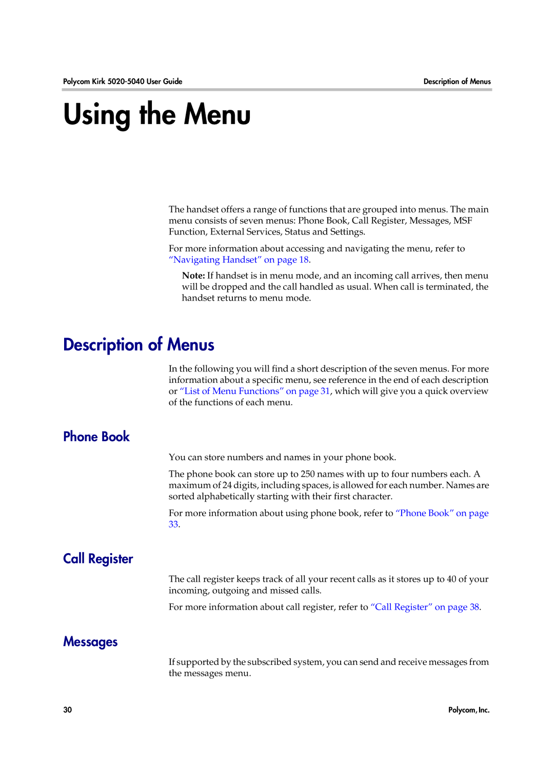 Polycom 14158600-HD manual Using the Menu, Description of Menus 