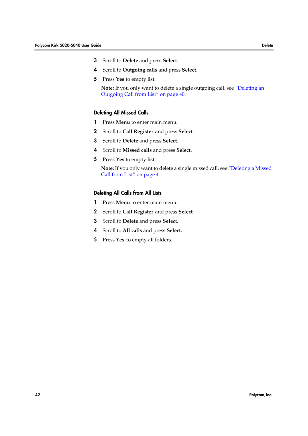Polycom 14158600-HD manual Deleting All Missed Calls, Deleting All Calls from All Lists 