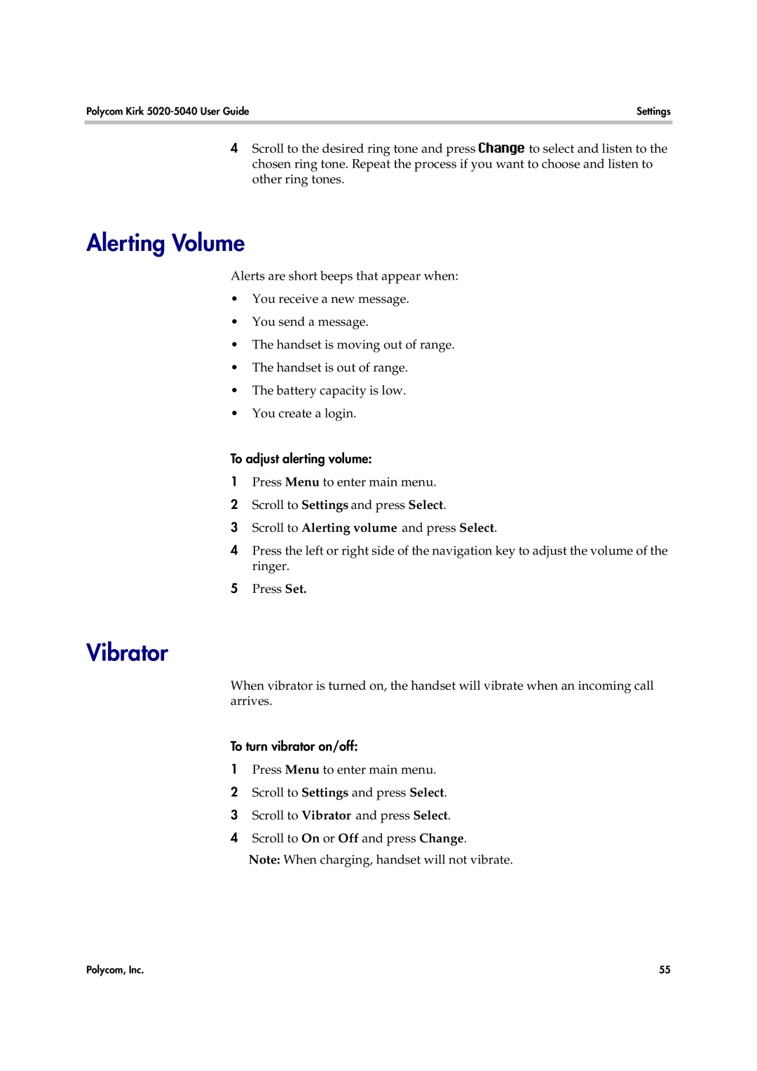 Polycom 14158600-HD manual Alerting Volume, Vibrator, To adjust alerting volume, Scroll to Alerting volume and press Select 