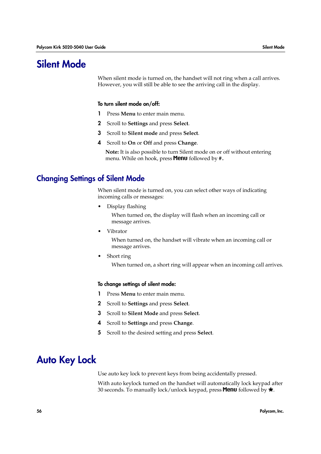 Polycom 14158600-HD manual Auto Key Lock, Changing Settings of Silent Mode, To turn silent mode on/off 