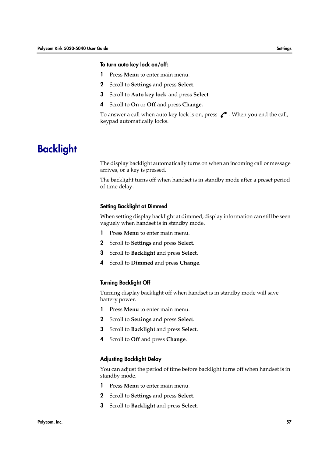 Polycom 14158600-HD manual To turn auto key lock on/off, Setting Backlight at Dimmed, Turning Backlight Off 