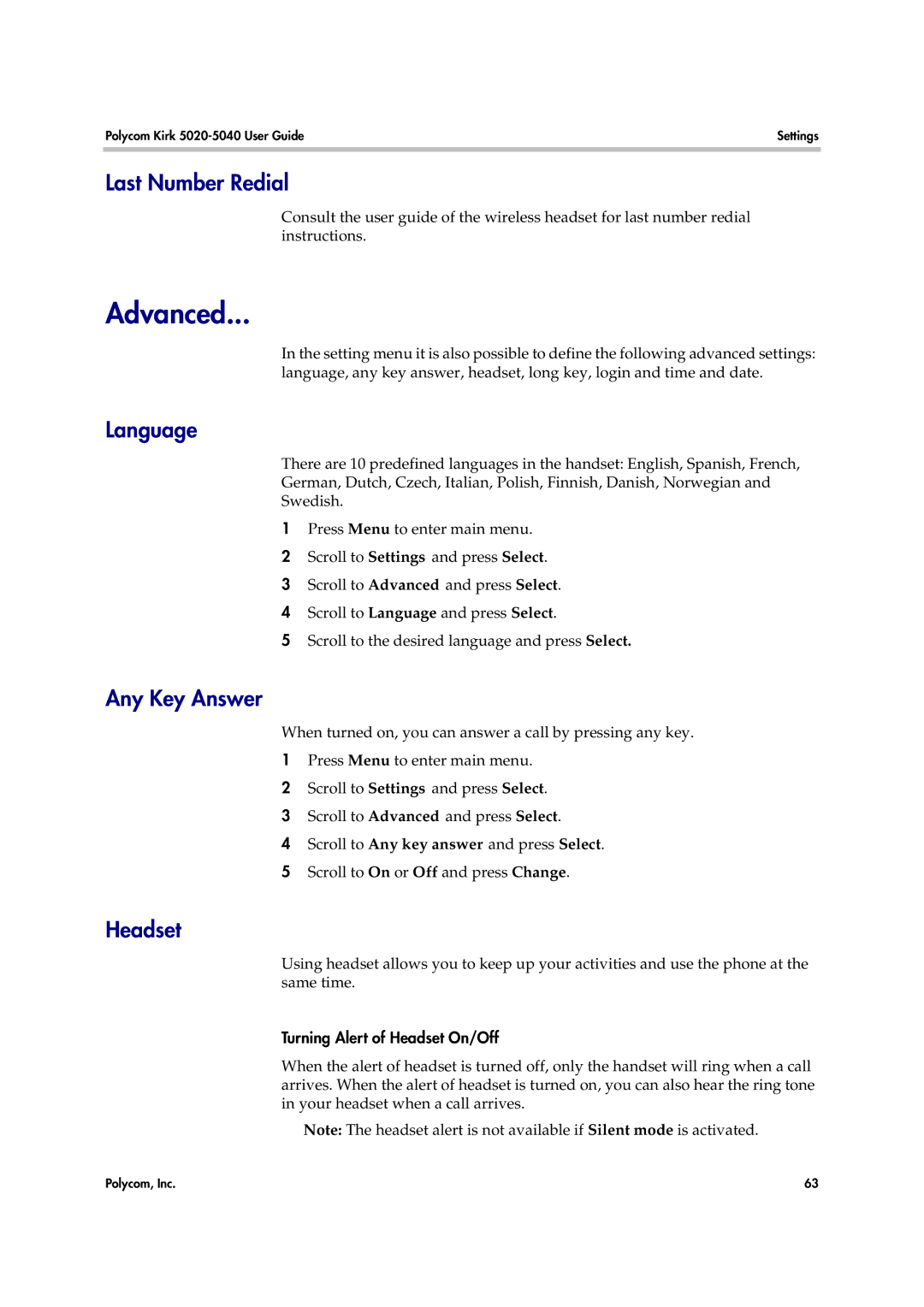 Polycom 14158600-HD manual Advanced, Last Number Redial, Language, Any Key Answer, Headset 