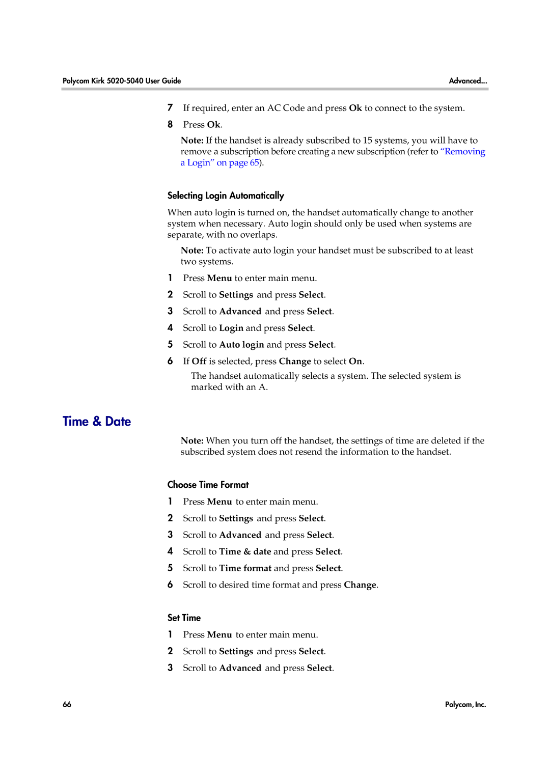 Polycom 14158600-HD manual Time & Date, Selecting Login Automatically, Choose Time Format, Set Time 