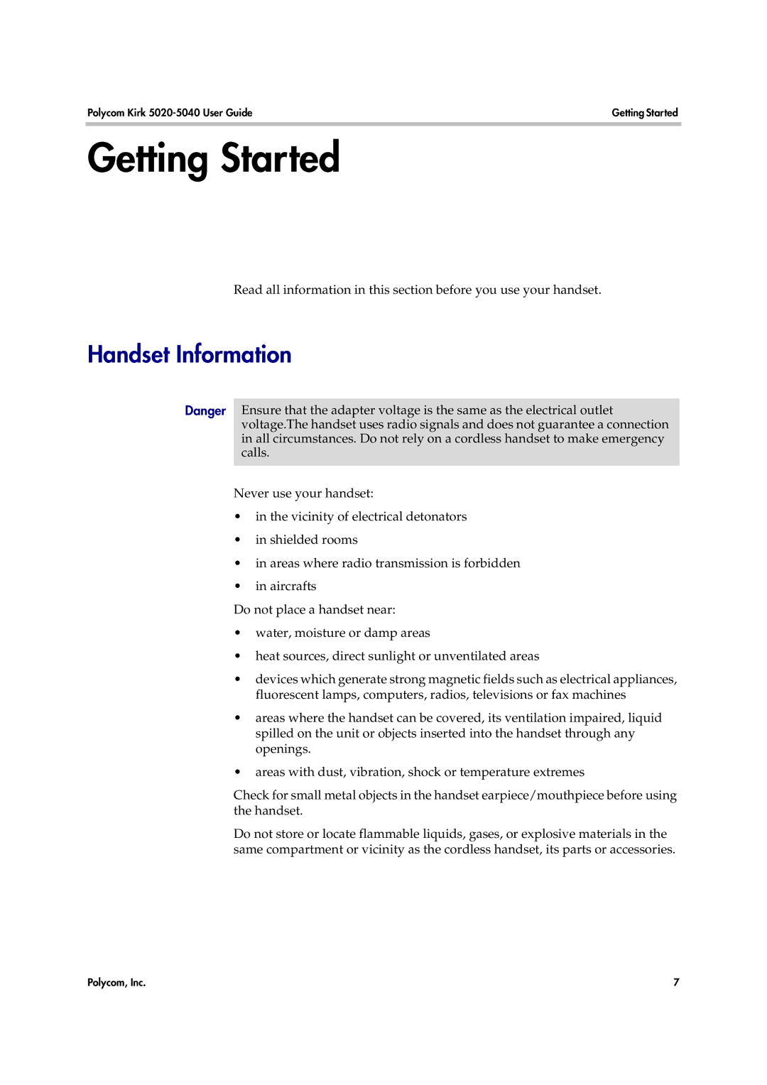 Polycom 14158600-HD manual Getting Started, Handset Information 