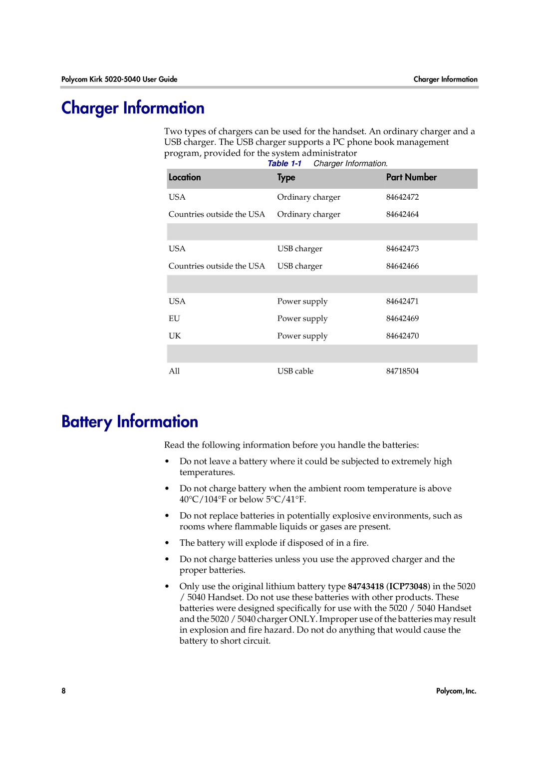 Polycom 14158600-HD manual Charger Information, Battery Information, Location Type Part Number 