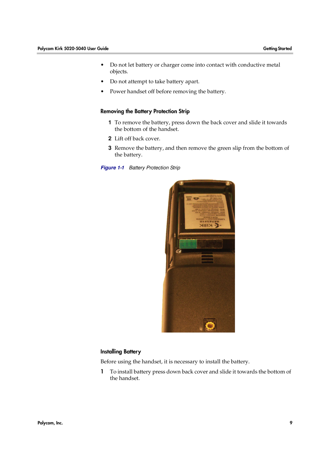 Polycom 14158600-HD manual Removing the Battery Protection Strip, Installing Battery 