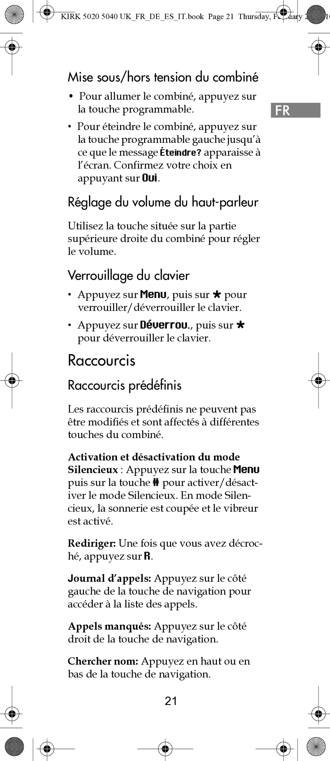 Polycom 14171914-HD manual Raccourcis, Mise sous/hors tension du combiné, Réglage du volume du haut-parleur 