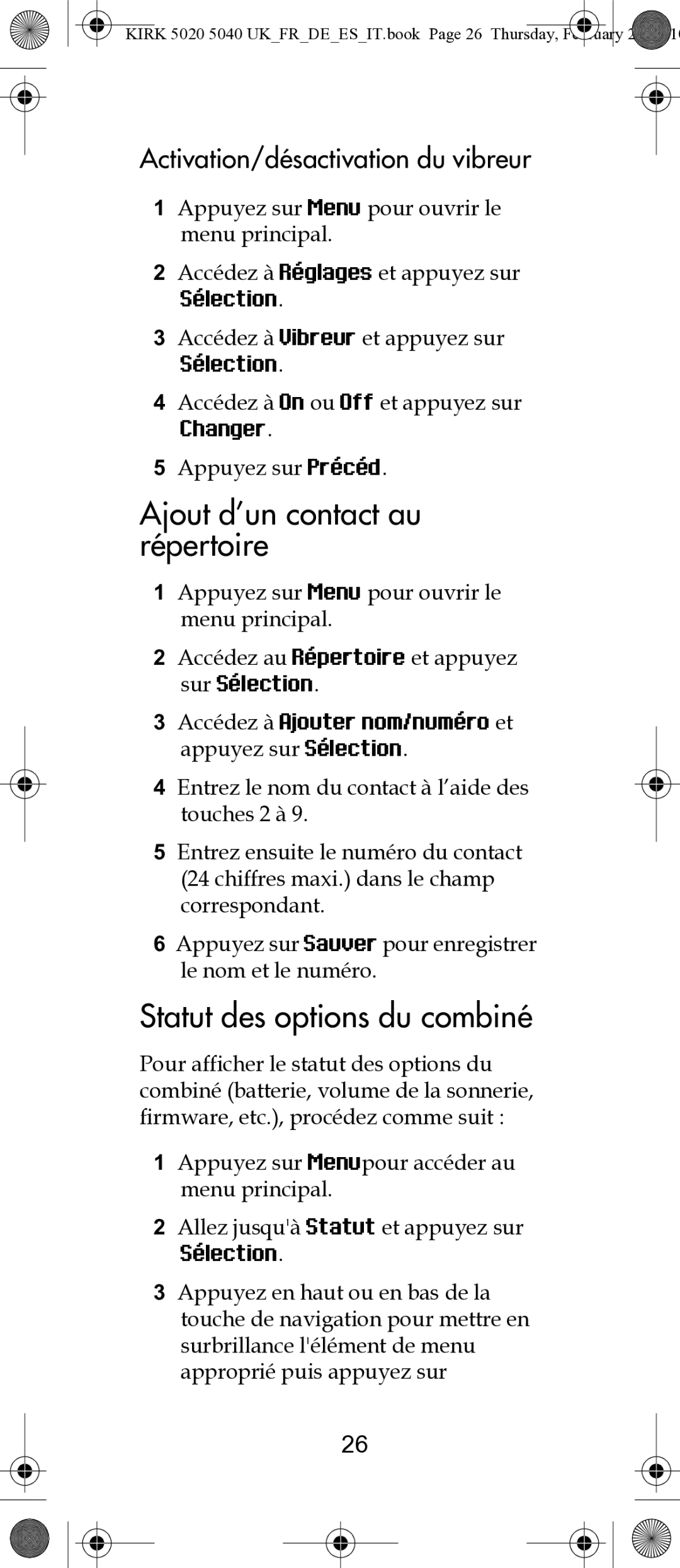 Polycom 14171914-HD Ajout d’un contact au répertoire, Statut des options du combiné, Activation/désactivation du vibreur 